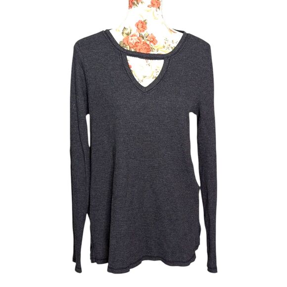 t.la Anthropologie Sz S OS Womens Waffle Knit Thermal Top  Gray Keyhole Tunic - Picture 1 of 10